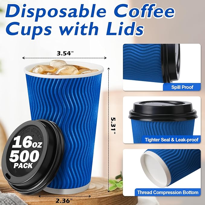 Disposable Coffee Cups with Lids 16 oz, To Go Paper Coffee Cups with Lids, Insulated Paper Cups for Hot or Cold Beverages (Navy, 500Pack)