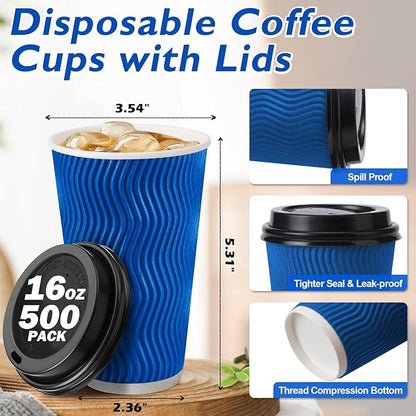 Disposable Coffee Cups with Lids 16 oz, To Go Paper Coffee Cups with Lids, Insulated Paper Cups for Hot or Cold Beverages (Navy, 500Pack)