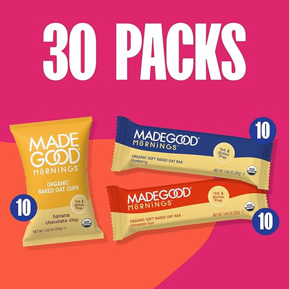 MadeGood Mornings Soft-Baked Oat Bars & Oat Cups Variety Pack (30 count)