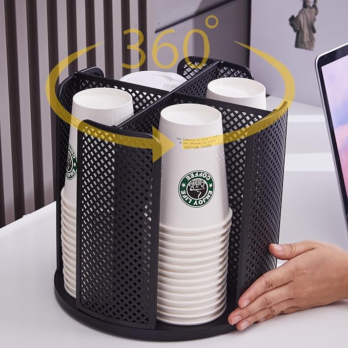 Coffee Cup Dispenser, Disposable Paper Cup and Lid Holder 360° Rotatable with 4 Compartments,Can Stacking 3-16oz Cups and Lid Holder for Coffee Shop,Home Countertop,Office,Restaurant,Kitchen