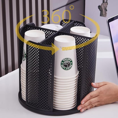 Coffee Cup Dispenser, Disposable Paper Cup and Lid Holder 360° Rotatable with 4 Compartments,Can Stacking 3-16oz Cups and Lid Holder for Coffee Shop,Home Countertop,Office,Restaurant,Kitchen