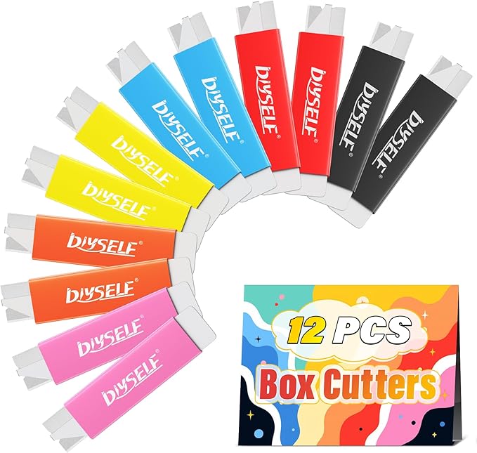 DIYSELF Box Cutters 12 Pack, Utility Knife, Box Cutter Retractable with Razor Blade, Box Opener for Package, Utility Knives for Office, School, Home, Flat Box Cutter for Women, Letter Opener for Mail