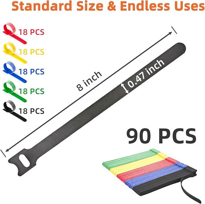 90 PCS Reusable Cable Ties with Hook and Loop, Multi-purpose Adjustable 8 Inch Cable Management Wire Ties Cable Straps for Organizing Home, Office and Data Centers (Multicolored)