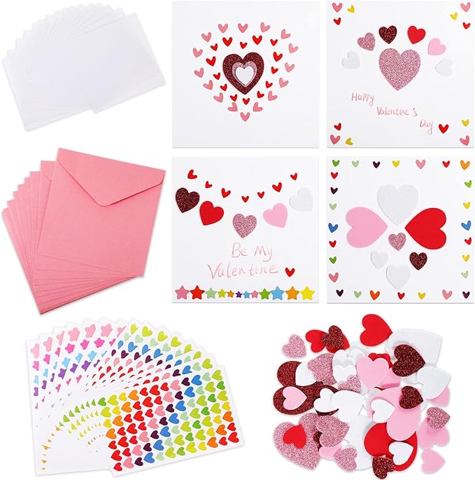 Zonon 16 Pcak Valentines Crafts DIY Card Valentines's Day Kits Foam Heart Sticker Craft DIY Kits Envelopes Cards Set for Exchange Gifts (Pink)