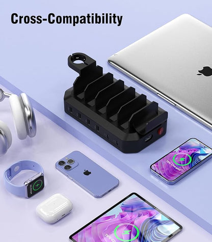 95W Fast Charging Station for Multiple Devices【Patent & Safety Certs】 6-Port USB Charging Dock with 2 PD Ports Compatible with Cellphones/iPad/MacBook/Kindle/Tablets (8 Mix Cables & 2 Stands Included)