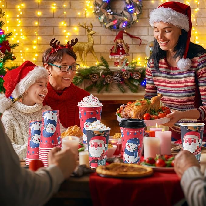50 Pack 16 oz Christmas Coffee Cups with Lids, Holiday Disposable Paper Cups for Xmas Party Drinks, Hot Cocoa, Hot Chocolate, Cold Beverage