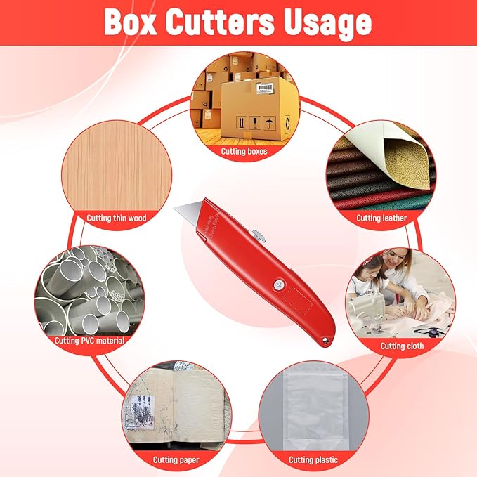 20 Pcs Retractable Utility Knife Box Cutter Aluminum Alloy Carpet Knife Heavy Duty Utility Knives Sharp Razor Blade for Cardboard Box Cartons Opener DIY Home Office (Red)
