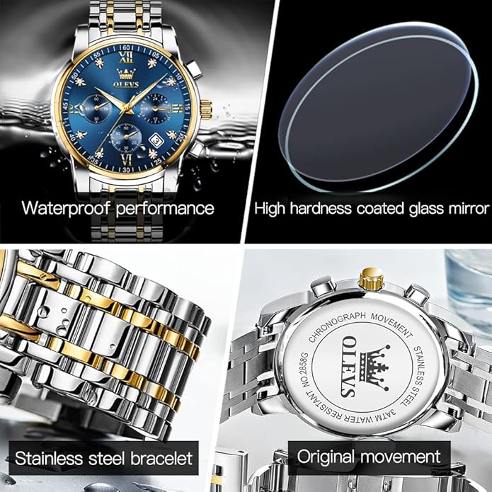 OLEVS Men's Luxury Watch Waterproof Luminous Easy Read Chronograph Watches Full Gold/White Dail/Black Face with Calendar Wristwatch