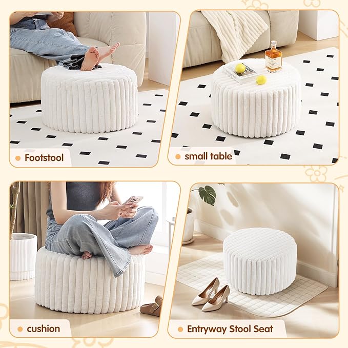 Tiita Round Stuffed Pouf Ottoman, Stripe Faux Fur Poufs with Foam Chunk Filling, Furry and Fluffy Pouf 21×21×12 inch Foot Stool Storage Ottoman,Puff Office Foot Rest for Couch Living Room, Beige