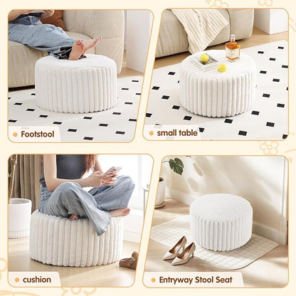 Tiita Round Stuffed Pouf Ottoman, Stripe Faux Fur Poufs with Foam Chunk Filling, Furry and Fluffy Pouf 21×21×12 inch Foot Stool Storage Ottoman,Puff Office Foot Rest for Couch Living Room, Beige