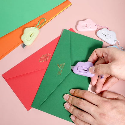Cloud Shaped Retractable Box Cutter Set - 10 Pack Mini Utility Knife Letter Opener Envelope Slitter, Small Package Opener Paper Cutters with Keychain Hole