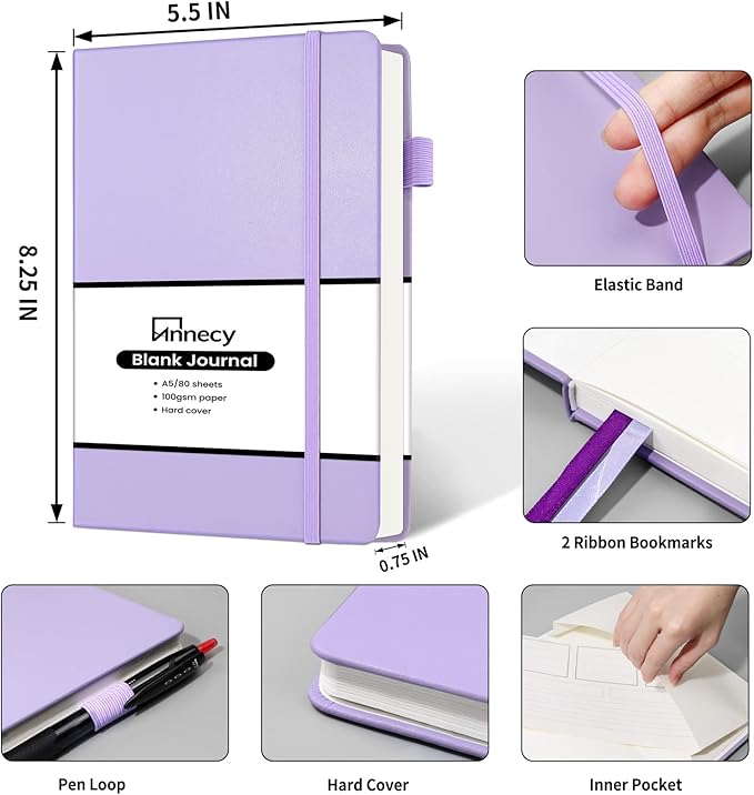 Annecy Blank Journal Notebook, Medium 5.5x 8.25, 160 Pages 100GSM Writing Paper, A5 Purple Faux Leather Cover with Pen Loop