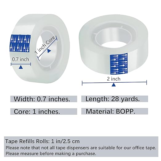 Transparent Tape Refills,12 pcs,3/4 x 28yd-1 inch Core, Clear Tape Rolls for Office, Home, School