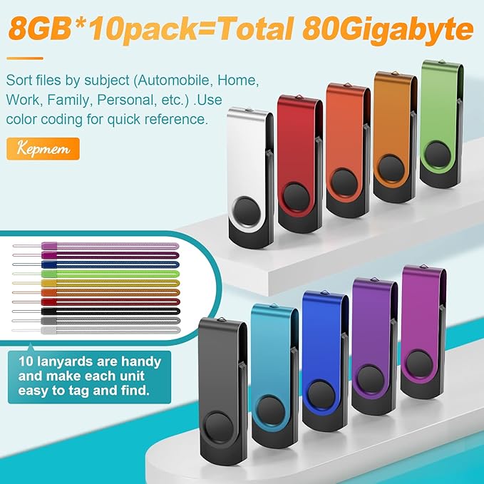 Kepmem Swivel Pen Drive 8GB USB 3.0 Memory Stick Pack of 10, Colorful Multipack Zip Drives for Data Storage