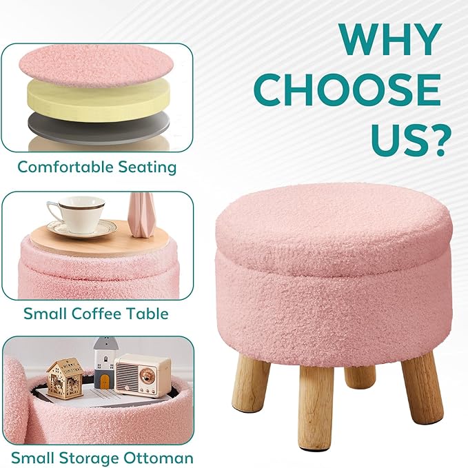 Small Foot Stool Ottoman with Storage, Sherpa Ottoman Foot Rest for Couch, Round Footstool with Storage, Small Ottomans and Footstools for Living Room and Entryway (Pink)