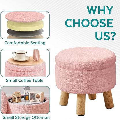Small Foot Stool Ottoman with Storage, Sherpa Ottoman Foot Rest for Couch, Round Footstool with Storage, Small Ottomans and Footstools for Living Room and Entryway (Pink)