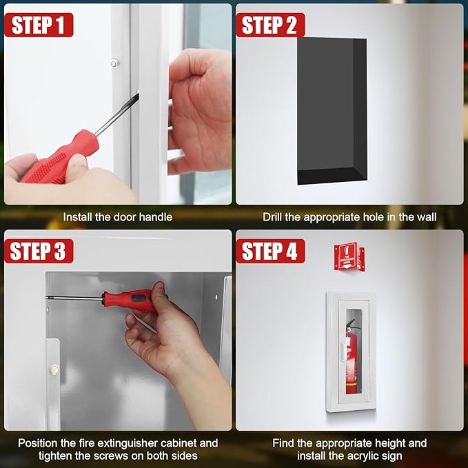 Fire Extinguisher Recessed Wall Cabinet, Galvanization Steel Fire Extinguisher Box with Magnetic Door, Suitable for 10 Lb Fire Extinguishers, Equipped Acrylic High-Position Sign (White)
