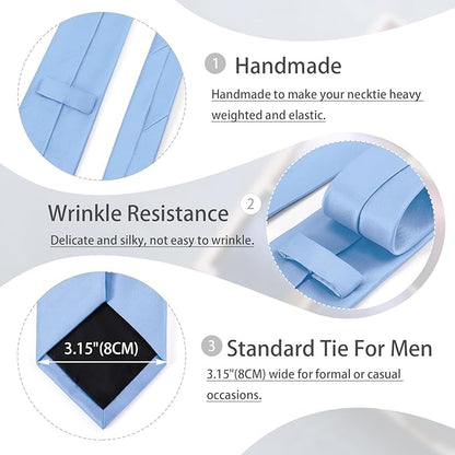 Black Tie Set in Gift Box Mens Solid Color 3.15" (8CM) Black Necktie and Pocket Square Set
