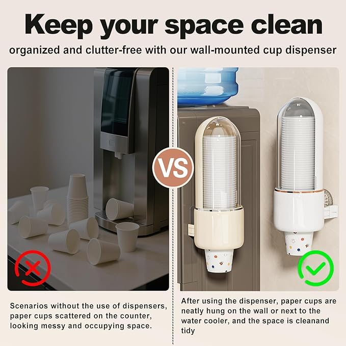 Wall Mount Bathroom Cup Dispenser - Pull Type Water Cooler Cup Holder for 5oz-9oz Disposable Paper and Plastic Cups, Adhesive Install, Wall Mounted Coffee Dispenser for Home, Office, Gym