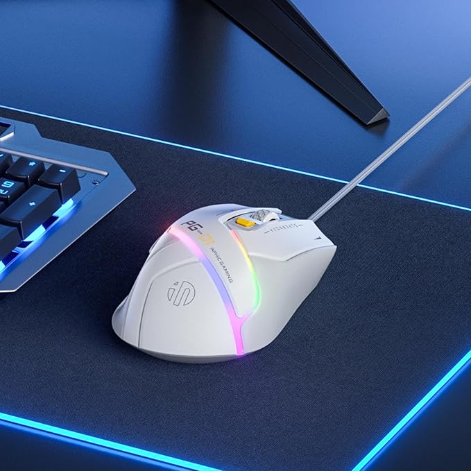 INPHIC PG1 Wired Computer Gaming Mouse Ergonomic, 12800 DPI High-Precision, 6 Programmable Buttons, RGB Backlit for Gaming - White Gray