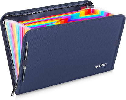 ENGPOW 13 Pocket Expanding File Folder,Fireproof Accordion File Folder Document Organizer with Zipper Closure,Portable Filing Organizer Safe with Colorful Tabs for A4/Letter Size Paper,Files(Blue)