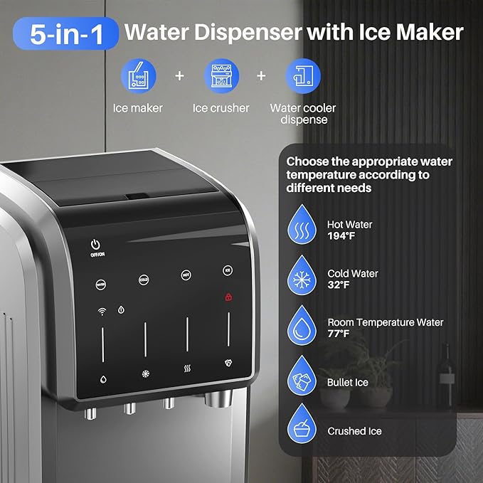 5-in-1 Water Cooler Dispenser with Ice Maker, Bullet and Crushed/Chewable Ice Machine, Hot and Cold Water, Bottom Load for 5 Gallon Bottle, 35lbs/24H, WiFi, Child Lock, Stainless Steel