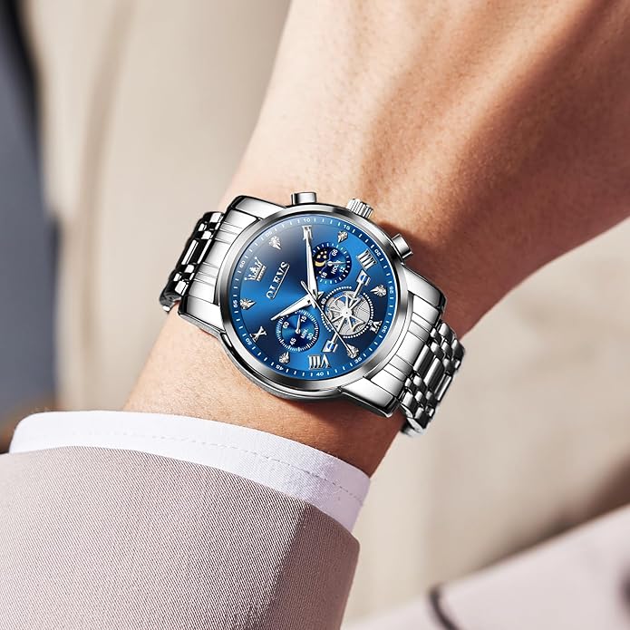OLEVS Men Watches Stainless Steel Chronograph Watch, Large Wrist Analog Quartz Watch, Fashion Waterproof Diamond Roman Numerals Dress Watches for Men, Gold/Black/White/Blue/Grey Dial