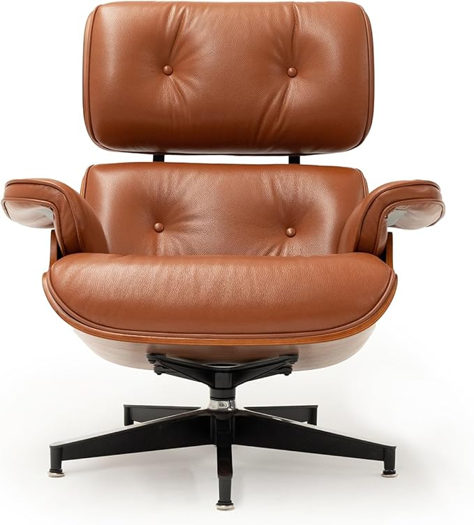 Mid Century Chaise Lounge Chair with Ottoman, Top Black Grain Leather, Modern Office Chair Classic Design, Heavy Duty Base Support for Living Room Study Lounge Office