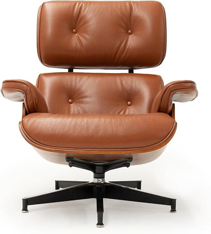 Mid Century Chaise Lounge Chair with Ottoman, Top Black Grain Leather, Modern Office Chair Classic Design, Heavy Duty Base Support for Living Room Study Lounge Office