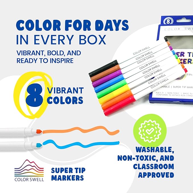 Color Swell 8-Pack Super Tip Markers – Washable, Non-Toxic, Ideal for Kids, Students, Adults, and Classroom Activities