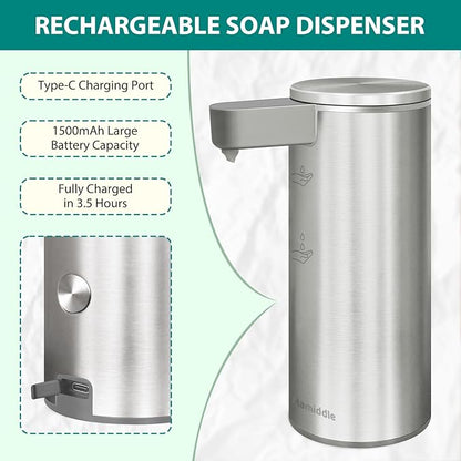 Automatic Soap Dispenser Stainless Steel with Sensor Infrared Soap Dispenser Electric IPX5 Waterproof USB-C Charging Motion Sensor for Kitchen & Bathroom (Silver)