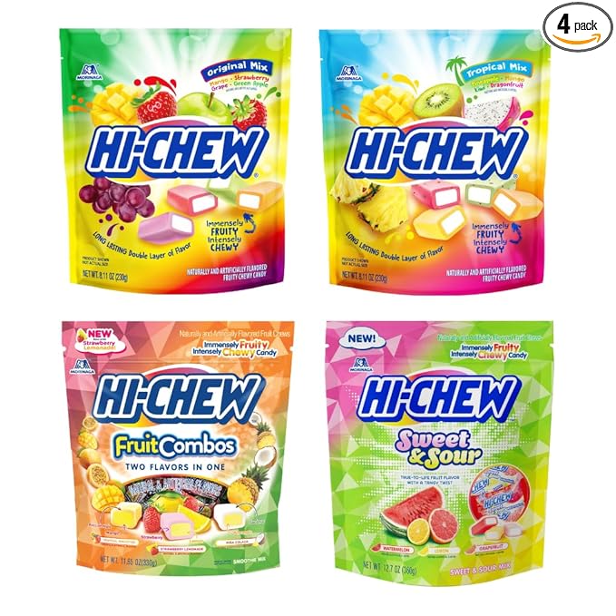 HI-CHEW Variety Mix Bulk, 220+ Pieces, 4 Stand Up Pouches - Tropical Fruit Combos Sweet and Sour, Chewy Fun Soft Candy Variety Pack - Immensely Juicy Fruity Flavors - Individually Wrapped for Sharing