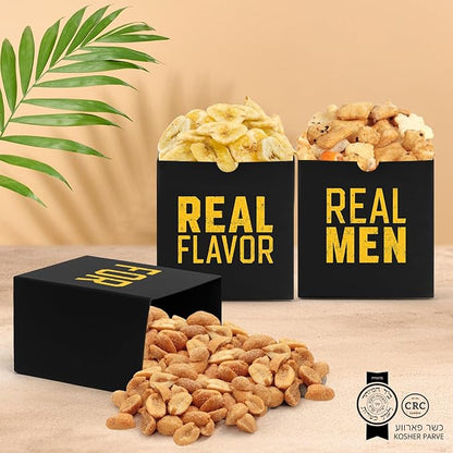 Mens Nut Gifts Box, Featuring Spicy Peanuts, Rice Crackers and Banana Chips in 3 Cube Boxes, Ideal Gift for Men.