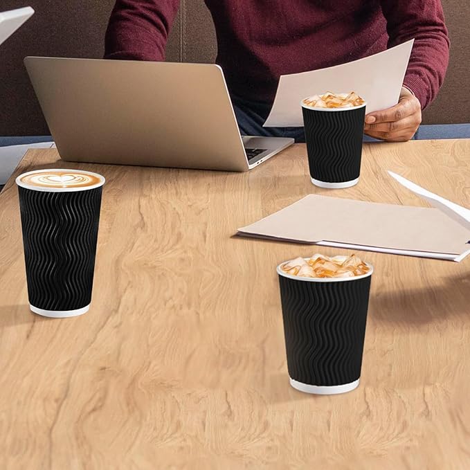Lamosi 16 oz Coffee Cups - 90 Pack, Disposable Insulated Corrugated Paper Cups 16oz, Kraft Ripple Wall Cups for Hot Beverage or Cold Drinks (Black)