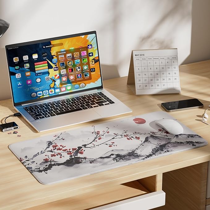 Large Sakura Mouse Pad, White Japanese Cherry Blossom Desk Mat,Extended Non-Slip Keyboard Mouse Pad Waterproof Office Desk Pad 23.6"x11.8" Anime Mouse Pads Desktop Protector for Office Home