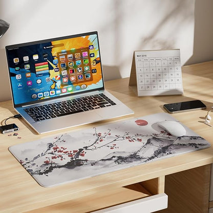Large Sakura Mouse Pad, White Japanese Cherry Blossom Desk Mat,Extended Non-Slip Keyboard Mouse Pad Waterproof Office Desk Pad 23.6"x11.8" Anime Mouse Pads Desktop Protector for Office Home