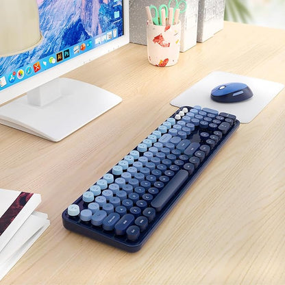 Wireless Keyboard and Mouse Combo, Retro Typewriter Keyboard with Round Keycaps, Full-Size Ergonomic, Blue, Ideal for Windows PC, Home, Office, and College, Wireless Keyboard Mouse Combo