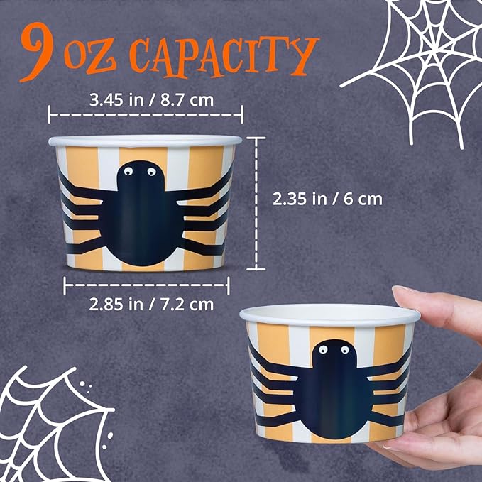 Paper Ice Cream Cups, 50-Count 9-Oz Disposable Dessert Bowls for Hot or Cold Food, 9-Ounce Halloween Party Supplies Treat Cups, Spider