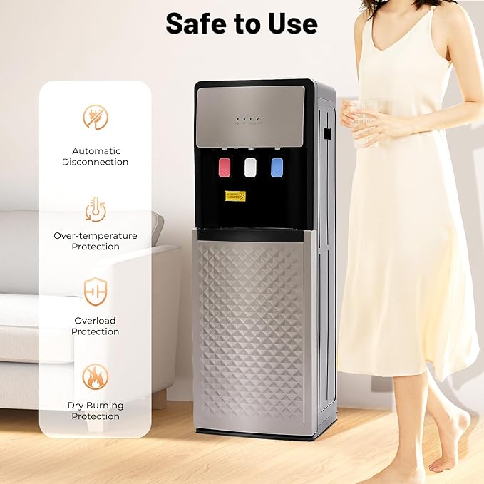 Bottom Loading Water Cooler Dispenser for 5 Gallon Bottles - 3 Temperatures with Hot, Room & Cold Spouts,Overload Protection, Dry Burning Protection,Water Dispenser for Home,Office (Silver Grey)
