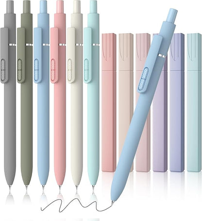JIMMIDDA- 12 Pack Gel Pens, 0.7mm Black Ink Fine Point Smooth Writing with Aesthetic Highlighters, Quick-dry Long-lasting Pens Set for Journaling School Office Supplies(6 Pens + 6 Highlighters)