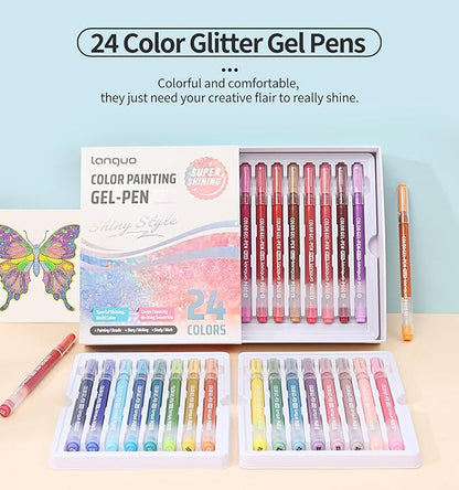 Glitter Gel Pens, 24 Pack Colored Pens for Black Paper & White Paper, 1.0mm Point Pens, Large Capacity Ink Pens for Coloring, Writing, Drawing, Journaling, Note Taking, School, Office, Home