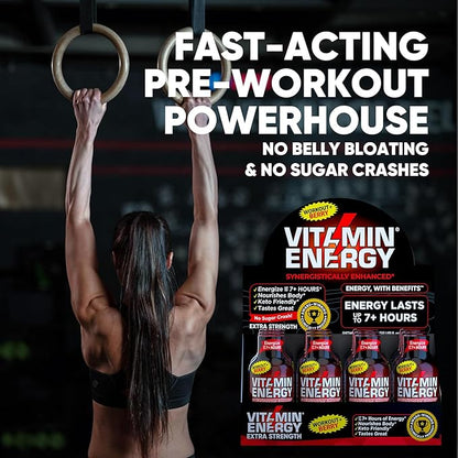 Vitamin Energy Workout+ Extra Strength Energy Shot Berry 48 Pack, 260mg Natural Caffeine, Pre-Workout, B-Vitamins, Minerals, Endurance & Performance, Zero Sugar, Gluten-Free, Vegan, 1.93 fl oz