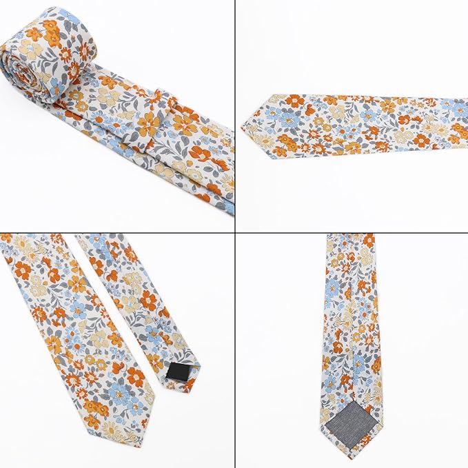 Cotton Floral Ties for Men 2.76" Men's Skinny Tie Linen Flower Printed Neck Tie for Wedding Dating Party