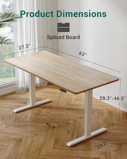 FEZIBO Standing Desk, 63×28 Inches Electric Height Adjustable, Sit Stand Up Table, Computer Office Desk with Splice Board, While Frame/Maple TOP