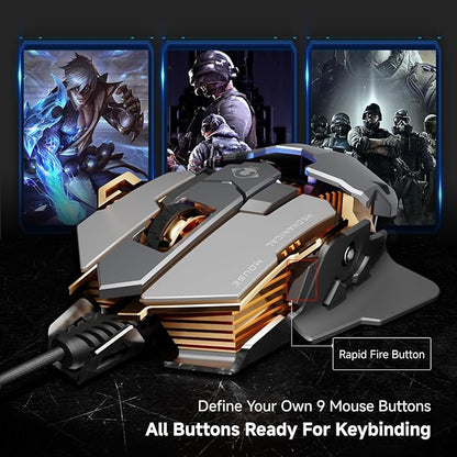 EWEADN G5 Wired Gaming Mouse, Ergonomic RGB Computer Mouse, 12800 Adjustable DPI, 9 Programmable Macro Buttons with Rapid Fire Key Compatible for PC/Laptop/Windows-Grey