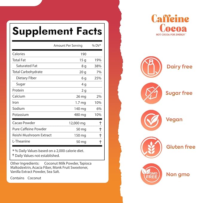 Prosper™ Caffeine Cocoa – Sugar-Free Superfood Hot Chocolate & Coffee Alternative | Vegan, Dairy-Free | Reishi Mushroom & L-Theanine for Focus & Jitter-Free Energy | High-Flavanol Cacao | 30 Servings