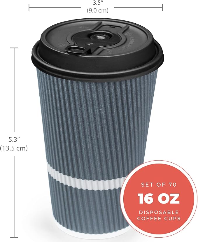 Disposable Coffee Cups With Lids - 16 oz To Go Coffee Cup (70 Pack). Large Travel Cups Hold Shape With Hot and Cold Drinks, No Leaks! Insulated Ripple Cups Protect Hands, No Sleeves needed!