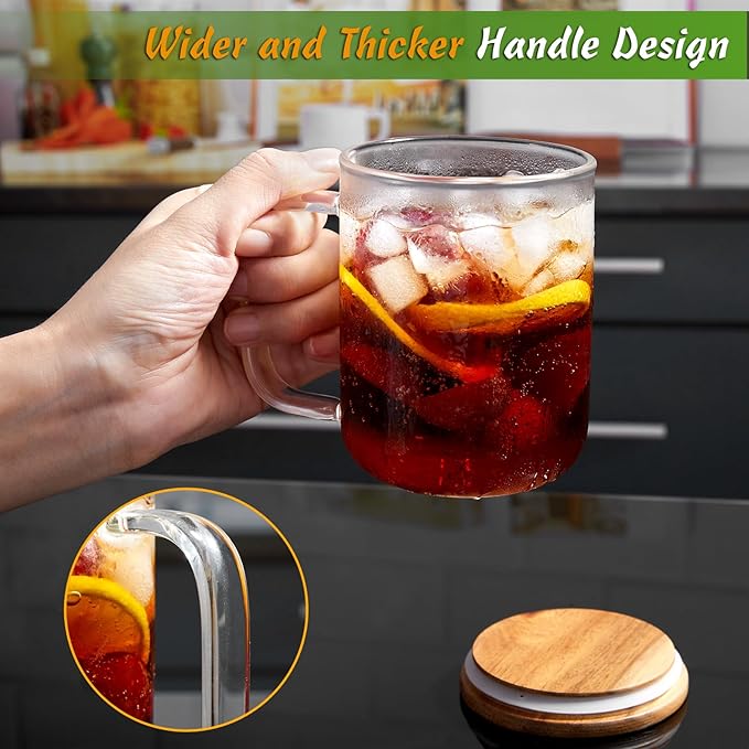 DRASTAR Glass Coffee Cups,12 oz Clear Coffee Mugs with Acacia Wood Lid,Flat Bottomed Coffee Mug with Handles,Tea Cup Set of 2