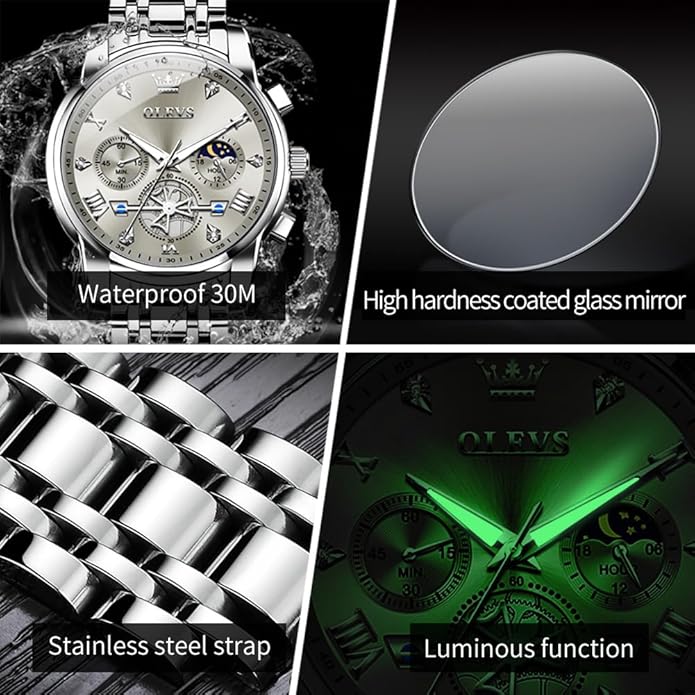 OLEVS Watches Men Waterproof Luxury Big Face Mens Watch Stainless Steel Quartz Analog Dress Watches for Men Luminous Multifunction Man Watch Relojes De Hombre