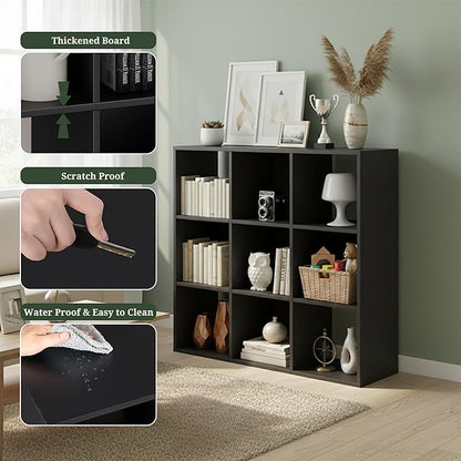 9-Cube Storage Organizer, Black Bookshelf with Open Compartments for Home Office, Modern Bookcase Display Shelf for Living Room, Bedroom & Entryway